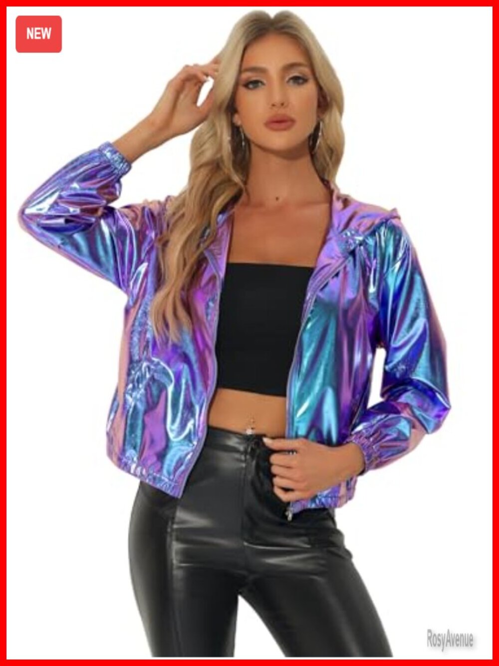 Metallic Holographic Long Sleeve Hooded Zip Up Jacket